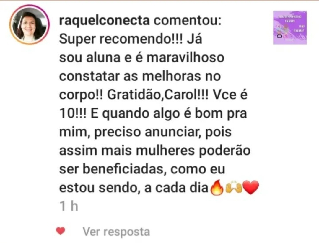 Depoimento de aluna no Instagram recomendando o método